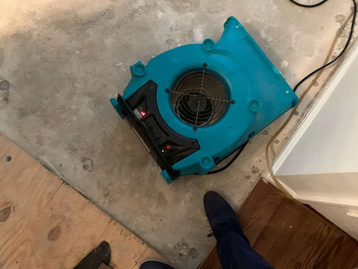 Air mover drying subfloor during Commercial Water Damage Restoration in Cairo